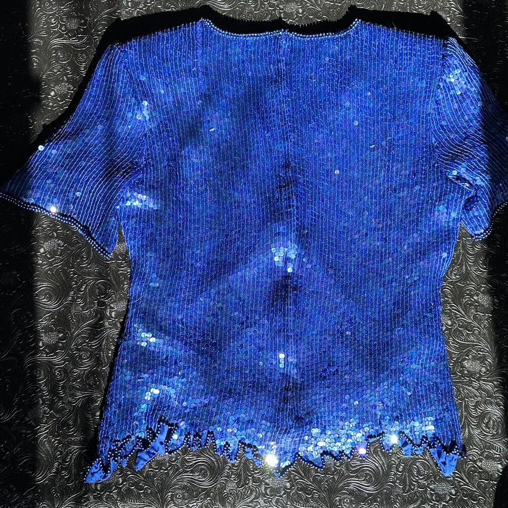 Stenay Cobalt Blue Hand-Beaded Silk Top - Sequin Vintage Glam - Handmade - XL - Picture 2 of 16